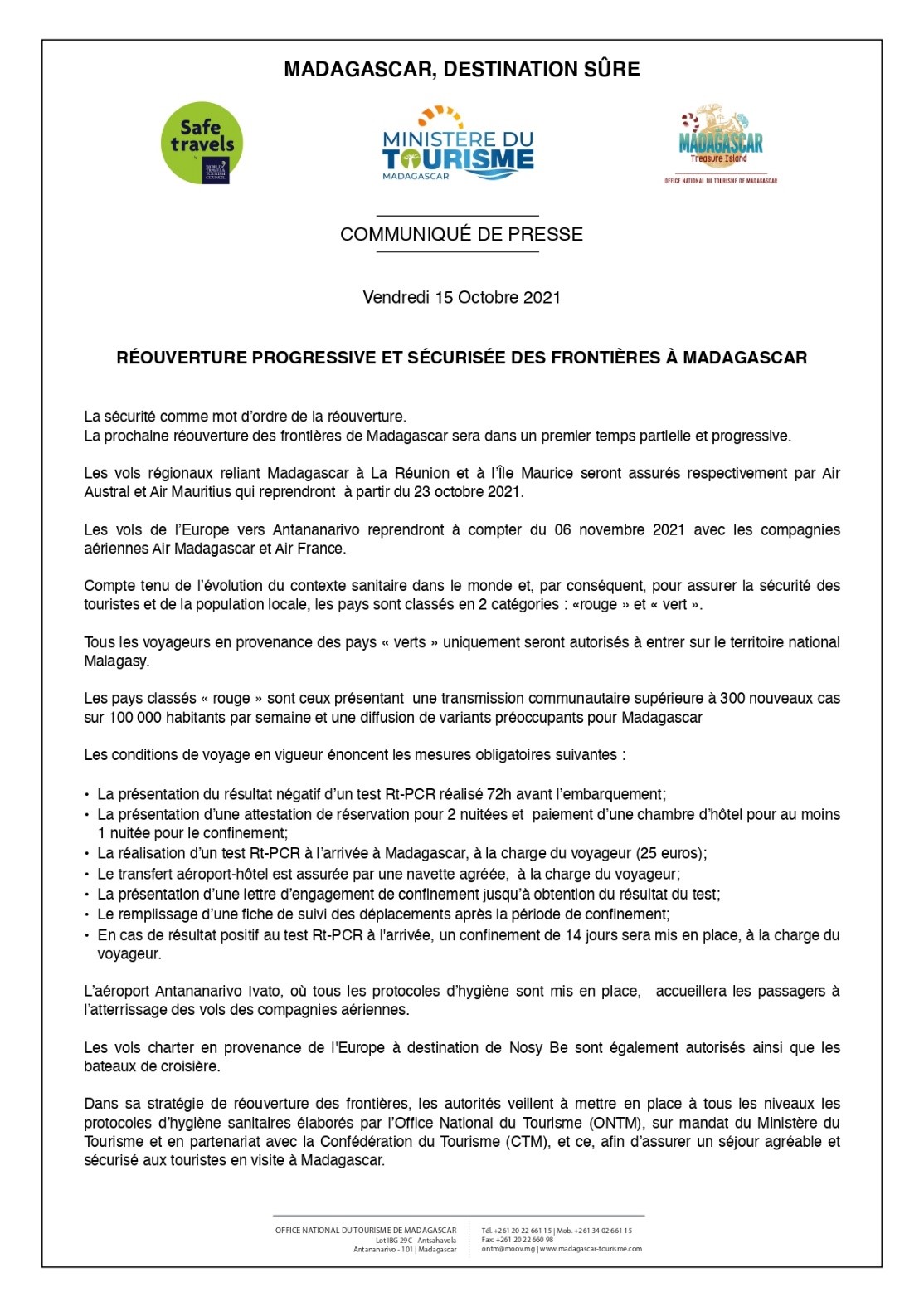 MADAGASCAR ANNONCE LES DATES D’OUVERTURE DES FRONTIERES